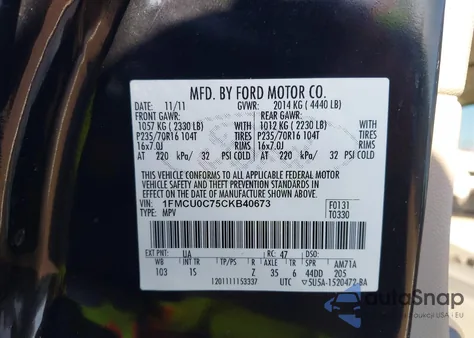 2012 Ford Escape Xls z USA, uszkodzony, nr VIN 1FMCU0C75CKB40673